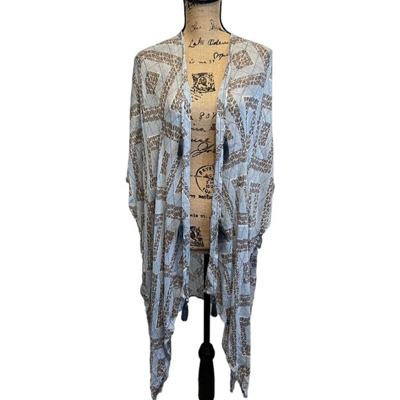 Vivante Blue & White Lightweight Gauze Boho Tasseled‎ Swim Cover Kimono - Picture 8 of 10